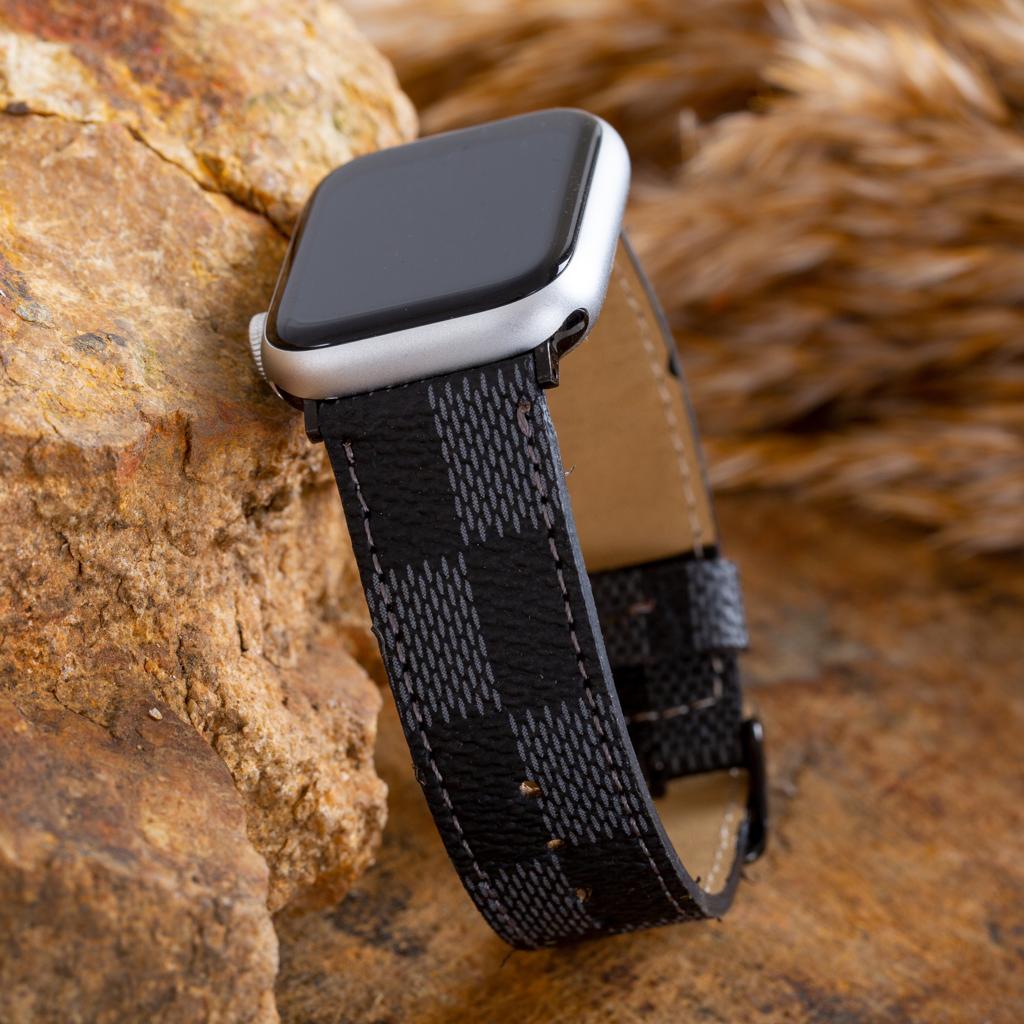 Handmade Genuine Checkered Leather Apple Watch Band - Authentic Key Pouch
